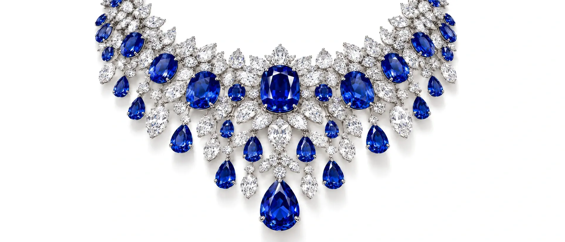 A sapphire and diamond bib necklace in platinum — oval Ceylon sapphires among marquise and pear diamonds, falling to one sapphire drop