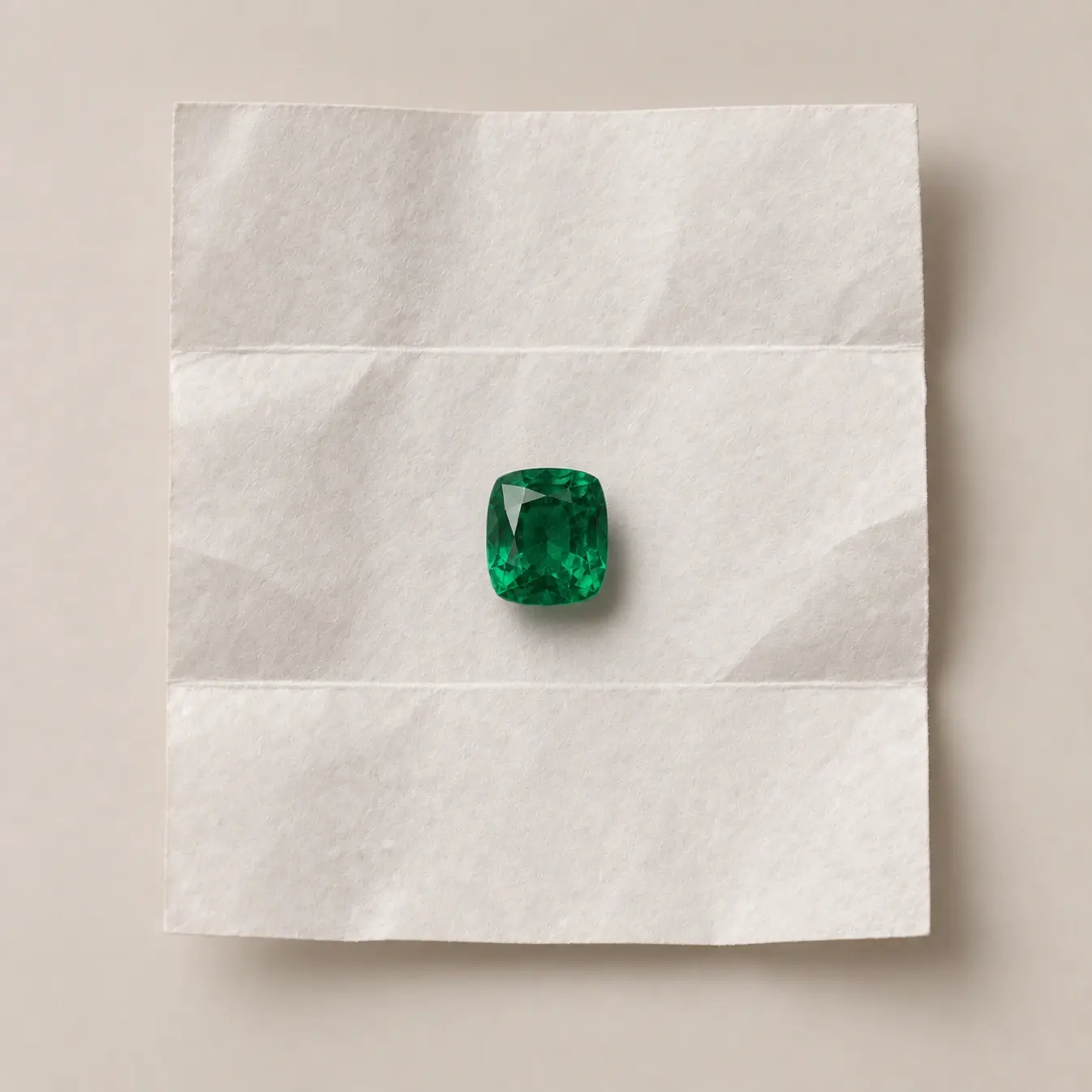 A cushion-cut emerald lying on a folded white parcel paper