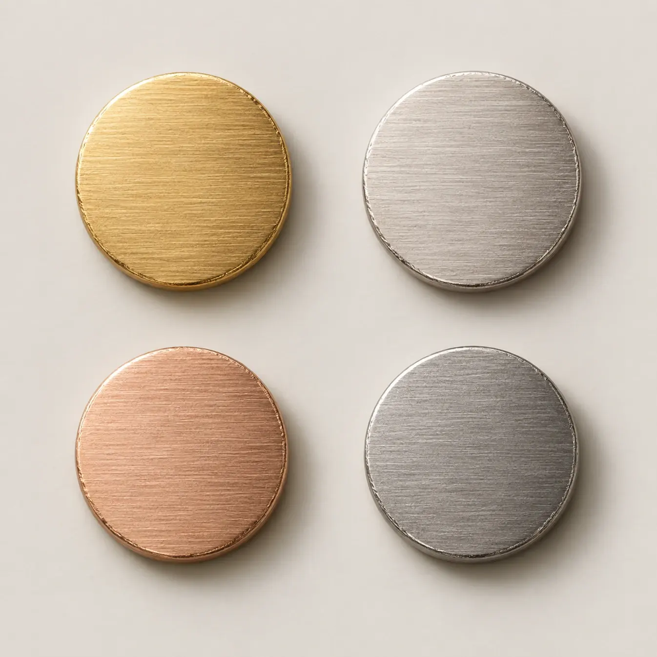 Four brushed metal discs — yellow gold, white gold, rose gold and platinum
