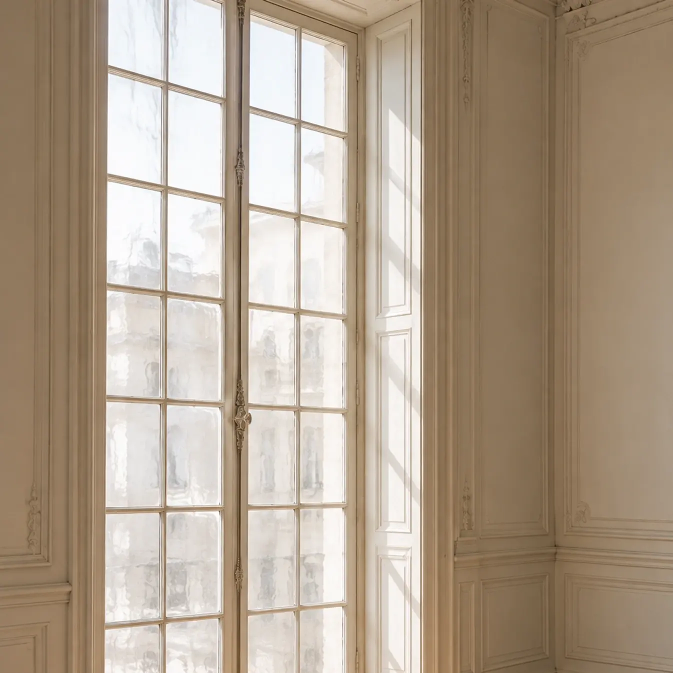A tall window in a panelled room, morning coming through onto the floor