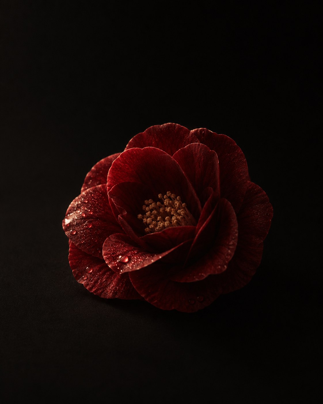 The same camellia bloom, fallen and intact, on a near-black ground