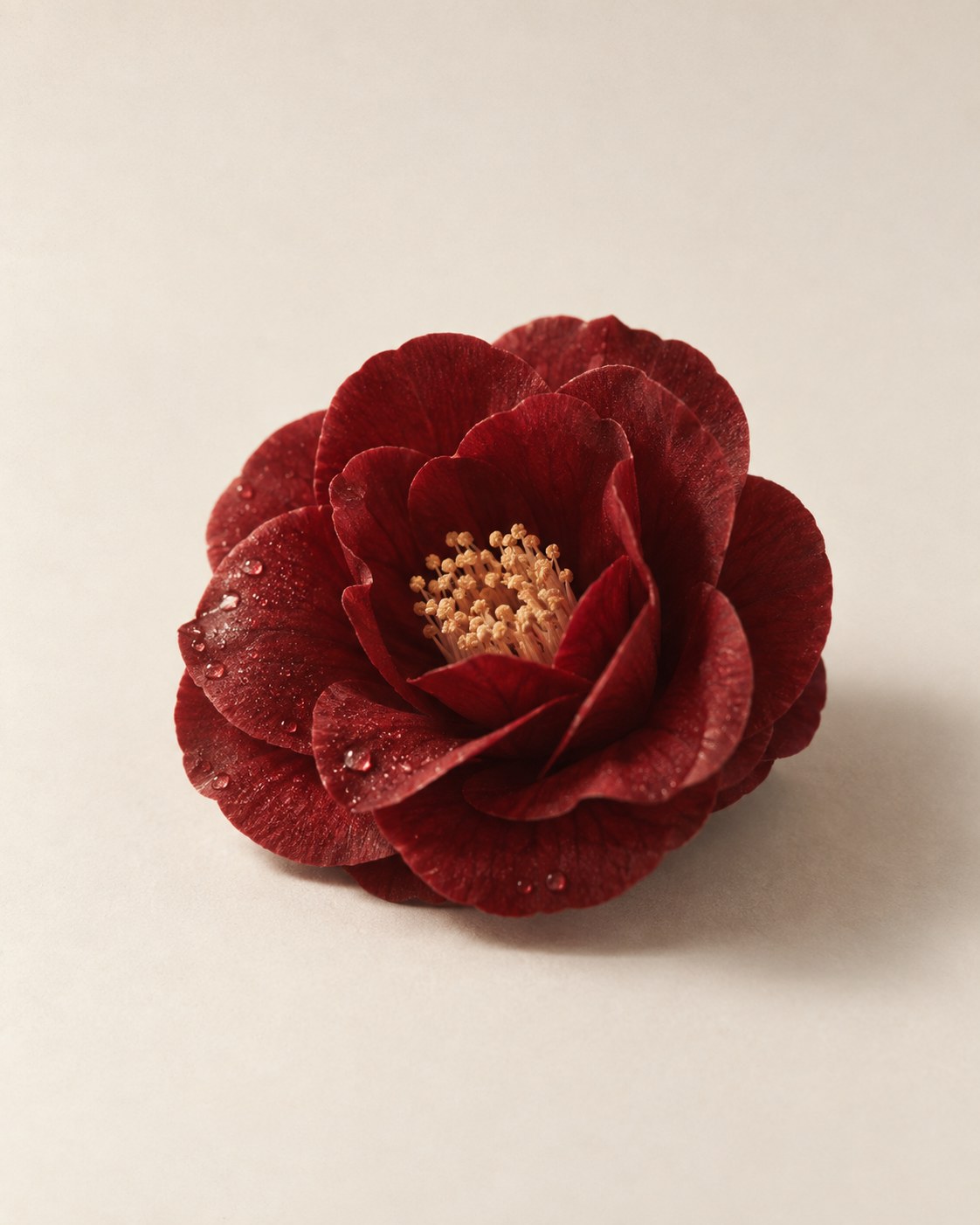 A single dark red camellia lying on a pale ground, fallen but completely intact, every petal still attached