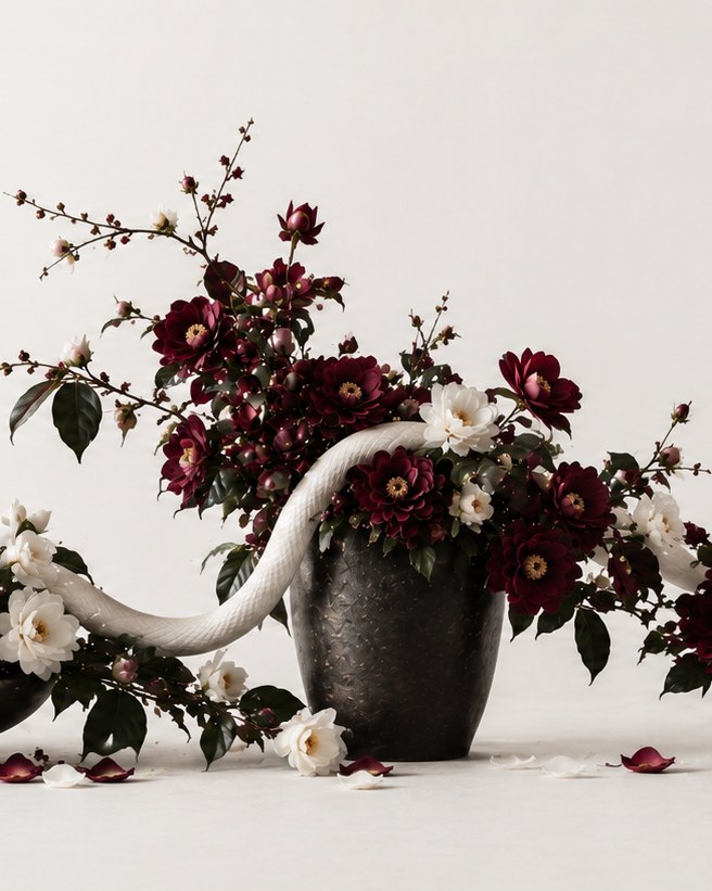 Three dark vessels of white and oxblood camellias with a pale serpent drawn through them