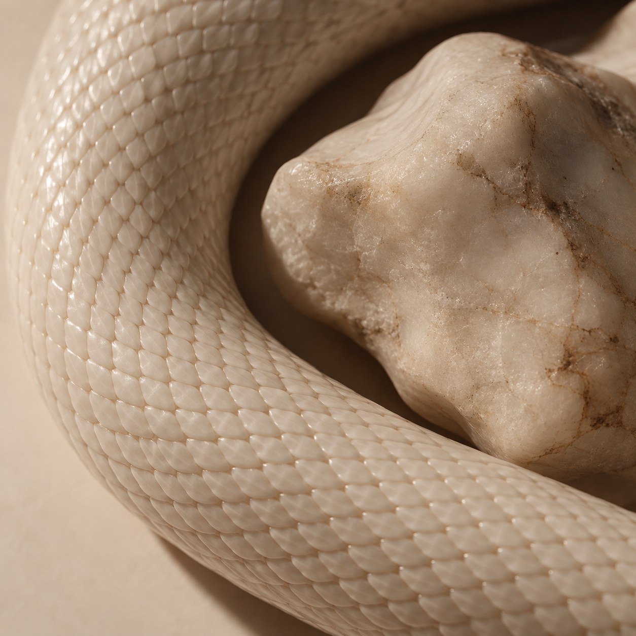 Macro of a bone-white snake curving around an irregular pale stone, a visible gap along the contact