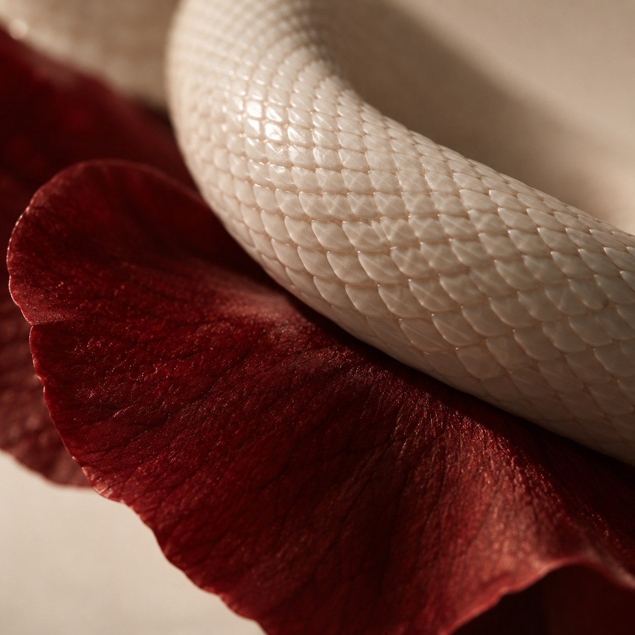 Macro of a bone-white snake's coil resting across a dark red camellia petal, the petal uncompressed beneath it
