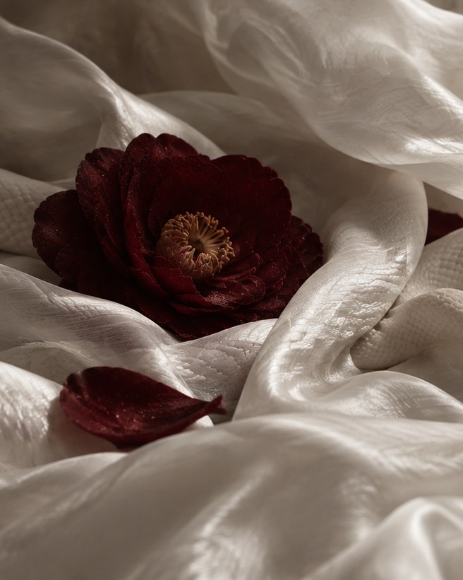 White silk, a bone-white serpent coiled through the folds, and a single dark red camellia